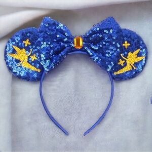 New Tinkerbell Headband w/ Blue Sequin Bow & Gold Gemstone - Disney Inspired!